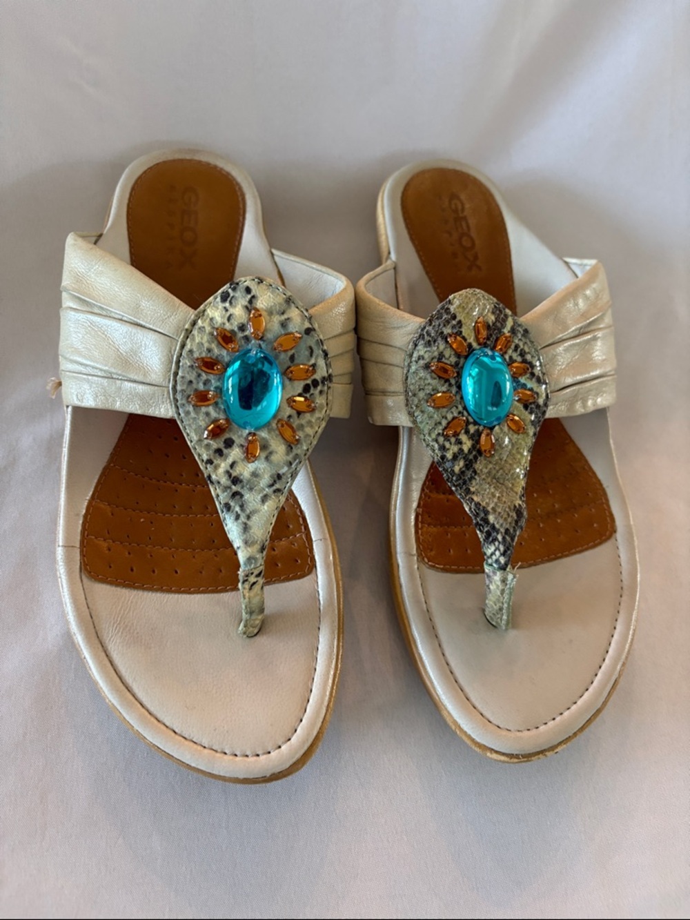 Geox Metallic Ivory Sandals with Turquoise and Amber Jewels